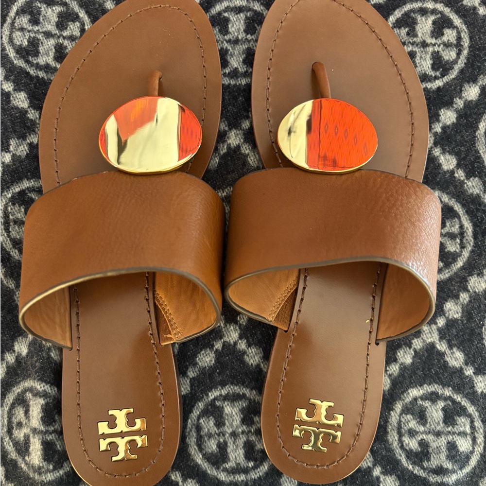 Tory Burch Tan Sandals with Gold and Orange Detail